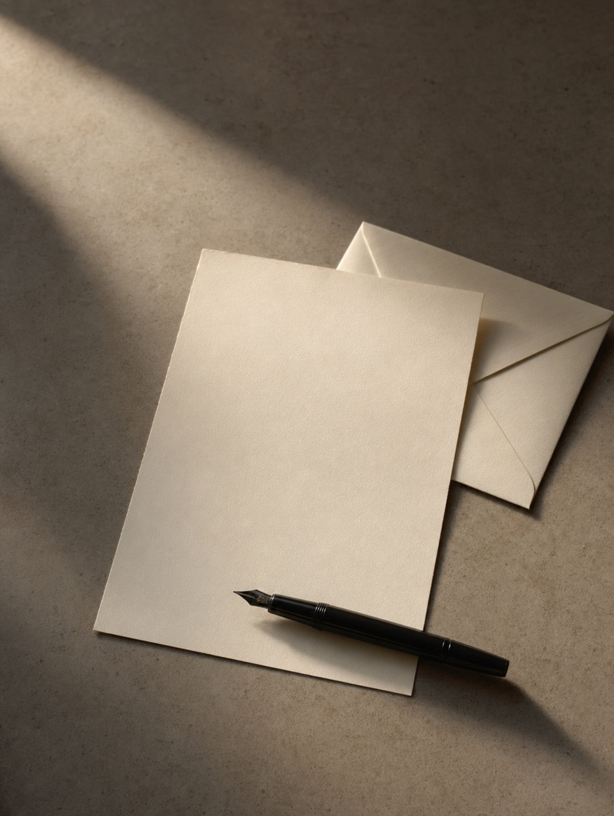 Blank cream stationery card, envelope, and a black fountain pen on a stone surface in raking light, for MEGEM correspondence