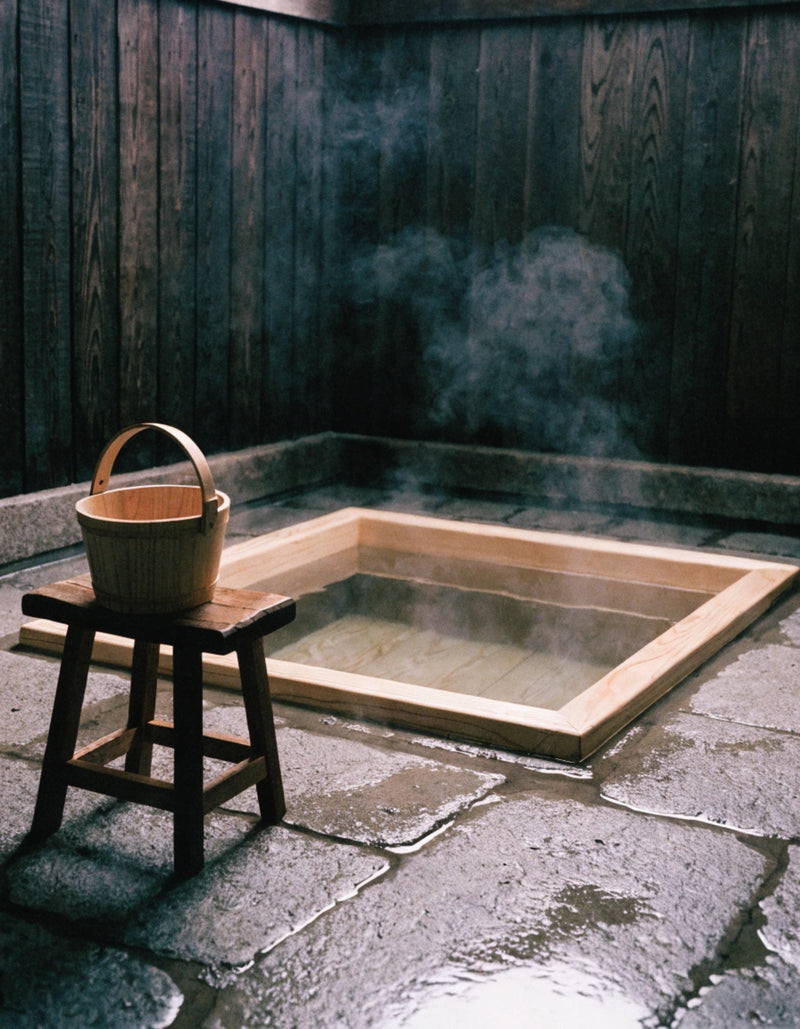 Steaming sunken Japanese onsen bath with a wooden bucket on a stool, dark timber walls and wet stone floor